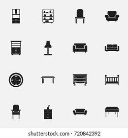 Set Of 16 Editable Furnishings Icons. Includes Symbols Such As Stool, Bookshelf, Glim And More. Can Be Used For Web, Mobile, UI And Infographic Design.