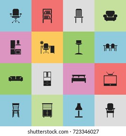 Set Of 16 Editable Furnishings Icons. Includes Symbols Such As Enlightenment, Cuisine, Locker And More. Can Be Used For Web, Mobile, UI And Infographic Design.