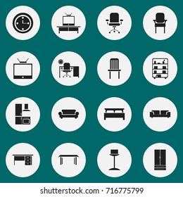 Set Of 16 Editable Furniture Icons. Includes Symbols Such As Bearings, Canape, Sofa And More. Can Be Used For Web, Mobile, UI And Infographic Design.