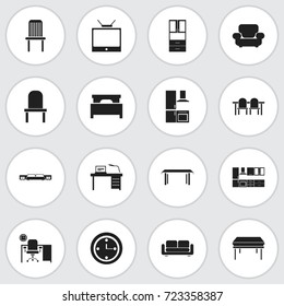 Set Of 16 Editable Furniture Icons. Includes Symbols Such As Davenport, Office, Mattress And More. Can Be Used For Web, Mobile, UI And Infographic Design.