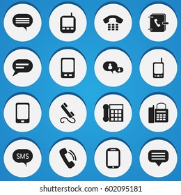 Set Of 16 Editable Gadget Icons. Includes Symbols Such As Address Notebook, Office Telephone, Mobile And More. Can Be Used For Web, Mobile, UI And Infographic Design.