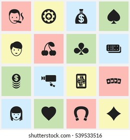 Set Of 16 Editable Gambling Icons. Includes Symbols Such As Black Heart, Smoker, Blackjack And More. Can Be Used For Web, Mobile, UI And Infographic Design.