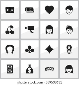 Set Of 16 Editable Gambling Icons. Includes Symbols Such As Boy, Stacked Money, Tracking Cam And More. Can Be Used For Web, Mobile, UI And Infographic Design.