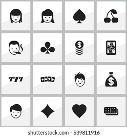 Set Of 16 Editable Gambling Icons. Includes Symbols Such As Bones Game, Female Face, Stacked Money And More. Can Be Used For Web, Mobile, UI And Infographic Design.