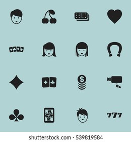 Set Of 16 Editable Gambling Icons. Includes Symbols Such As Luck Charm, Card Pair, Rhombus And More. Can Be Used For Web, Mobile, UI And Infographic Design.