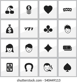 Set Of 16 Editable Gambling Icons. Includes Symbols Such As Boy, Card Suits, Love And More. Can Be Used For Web, Mobile, UI And Infographic Design.