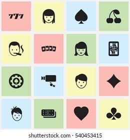 Set Of 16 Editable Gambling Icons. Includes Symbols Such As Rhombus, Boy, Shamrock And More. Can Be Used For Web, Mobile, UI And Infographic Design.