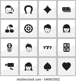 Set Of 16 Editable Gambling Icons. Includes Symbols Such As Luck Charm, Blackjack, Lucky Seven And More. Can Be Used For Web, Mobile, UI And Infographic Design.