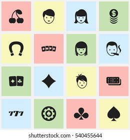 Set Of 16 Editable Gambling Icons. Includes Symbols Such As Casino Worker, Rhombus, Game Card And More. Can Be Used For Web, Mobile, UI And Infographic Design.