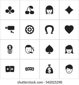 Set Of 16 Editable Gambling Icons. Includes Symbols Such As Woman Face, Luck Charm, Tracking Cam And More. Can Be Used For Web, Mobile, UI And Infographic Design.