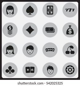 Set Of 16 Editable Gambling Icons. Includes Symbols Such As Game Card, Moneybag, Card Suits And More. Can Be Used For Web, Mobile, UI And Infographic Design.
