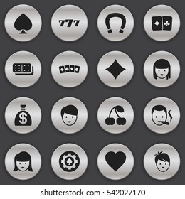 Set Of 16 Editable Gambling Icons. Includes Symbols Such As Casino Worker, Card Suits, Love And More. Can Be Used For Web, Mobile, UI And Infographic Design.