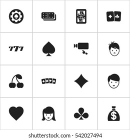 Set Of 16 Editable Gambling Icons. Includes Symbols Such As Game Card, Rhombus, Card Pair And More. Can Be Used For Web, Mobile, UI And Infographic Design.