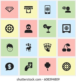 Set Of 16 Editable Gambling Icons. Includes Symbols Such As Gambling, Strongbox, Smartphone Spinner Gaming And More. Can Be Used For Web, Mobile, UI And Infographic Design.