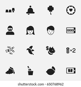 Set Of 16 Editable Gambling Icons. Includes Symbols Such As Cell Play Cards, Casino Worker, Lucky Leaf And More. Can Be Used For Web, Mobile, UI And Infographic Design.