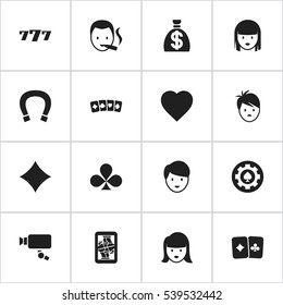 Set Of 16 Editable Game Icons. Includes Symbols Such As Rhombus, Woman Face, Card Suits And More. Can Be Used For Web, Mobile, UI And Infographic Design.