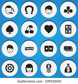 Set Of 16 Editable Game Icons. Includes Symbols Such As Game Card, Berry;, Stacked Money And More. Can Be Used For Web, Mobile, UI And Infographic Design.
