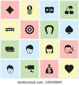 Set Of 16 Editable Game Icons. Includes Symbols Such As Luck Charm, Boy, Stacked Money And More. Can Be Used For Web, Mobile, UI And Infographic Design.