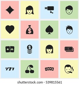 Set Of 16 Editable Game Icons. Includes Symbols Such As Smoker, Berry;, Card Suits And More. Can Be Used For Web, Mobile, UI And Infographic Design.