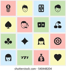 Set Of 16 Editable Game Icons. Includes Symbols Such As Casino Worker, Card Pair, Black Heart And More. Can Be Used For Web, Mobile, UI And Infographic Design.