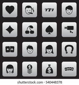 Set Of 16 Editable Game Icons. Includes Symbols Such As Card Pair, Love, Female Face And More. Can Be Used For Web, Mobile, UI And Infographic Design.