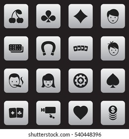 Set Of 16 Editable Game Icons. Includes Symbols Such As Casino Worker, Card Suits, Love And More. Can Be Used For Web, Mobile, UI And Infographic Design.