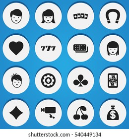 Set Of 16 Editable Game Icons. Includes Symbols Such As Card Suits, Woman Face, Boy And More. Can Be Used For Web, Mobile, UI And Infographic Design.
