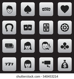 Set Of 16 Editable Game Icons. Includes Symbols Such As Lucky Seven, Card Suits, Black Heart And More. Can Be Used For Web, Mobile, UI And Infographic Design.