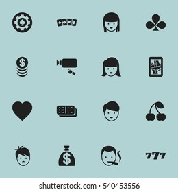 Set Of 16 Editable Game Icons. Includes Symbols Such As Moneybag, Card Suits, Berry; And More. Can Be Used For Web, Mobile, UI And Infographic Design.