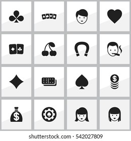 Set Of 16 Editable Game Icons. Includes Symbols Such As Stacked Money, Rhombus, Black Heart And More. Can Be Used For Web, Mobile, UI And Infographic Design.