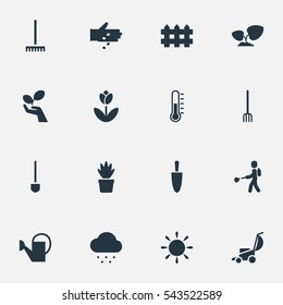 Set Of 16 Editable Garden Icons. Includes Symbols Such As Hay Fork, Farm Tool, Spade And More. Can Be Used For Web, Mobile, UI And Infographic Design.