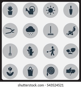 Set Of 16 Editable Garden Icons. Includes Symbols Such As Seed Planting, Farm Tool, Hosepipe And More. Can Be Used For Web, Mobile, UI And Infographic Design.