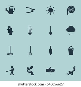 Set Of 16 Editable Garden Icons. Includes Symbols Such As Vacuum Cleaner, Seed Planting, Farm Tool And More. Can Be Used For Web, Mobile, UI And Infographic Design.