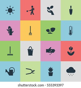 Set Of 16 Editable Garden Icons. Includes Symbols Such As Pot Bush, Rainy Cloud, Working Gloves And More. Can Be Used For Web, Mobile, UI And Infographic Design.