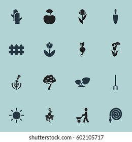 Set Of 16 Editable Garden Icons. Includes Symbols Such As Shovel, Hay Fork, Sunshine And More. Can Be Used For Web, Mobile, UI And Infographic Design.