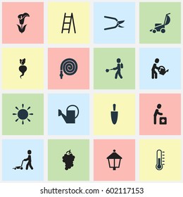 Set Of 16 Editable Garden Icons. Includes Symbols Such As Ploughman, Water The Flower, Plant Cutter And More. Can Be Used For Web, Mobile, UI And Infographic Design.