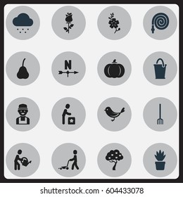 Set Of 16 Editable Garden Icons. Includes Symbols Such As Ploughman, Rainy Cloud, Hosepipe And More. Can Be Used For Web, Mobile, UI And Infographic Design.