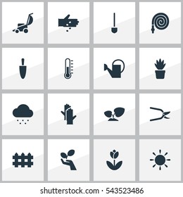 Set Of 16 Editable Gardening Icons. Includes Symbols Such As Temperature, Pot Bush, Soil Plant And More. Can Be Used For Web, Mobile, UI And Infographic Design.