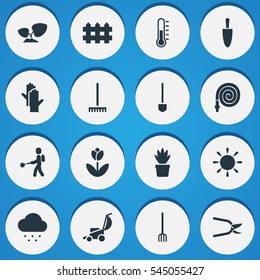 Set Of 16 Editable Gardening Icons. Includes Symbols Such As Pot Bush, Farm Tool, Plant Spray And More. Can Be Used For Web, Mobile, UI And Infographic Design.