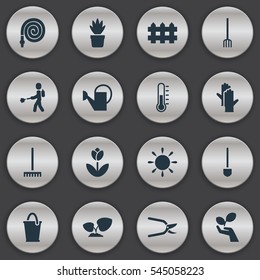 Set Of 16 Editable Gardening Icons. Includes Symbols Such As Bucket, Wooden Barrier, Temperature And More. Can Be Used For Web, Mobile, UI And Infographic Design.