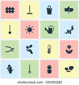 Set Of 16 Editable Gardening Icons. Includes Symbols Such As Bailer, Plant Protection, Beauty Flower And More. Can Be Used For Web, Mobile, UI And Infographic Design.