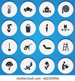 Set Of 16 Editable Gardening Icons. Includes Symbols Such As Stairway, Water The Flower, Clasp Knife And More. Can Be Used For Web, Mobile, UI And Infographic Design.