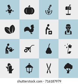 Set Of 16 Editable Gardening Icons. Includes Symbols Such As Ploughman, Rooster, Gourd And More. Can Be Used For Web, Mobile, UI And Infographic Design.