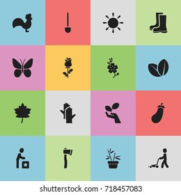 Set Of 16 Editable Gardening Icons. Includes Symbols Such As Flowerpot, Grass Cutting Machine, Aubergine And More. Can Be Used For Web, Mobile, UI And Infographic Design.