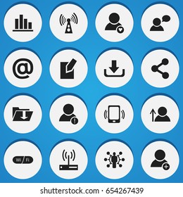 Set Of 16 Editable Global Icons. Includes Symbols Such As Wireless Transmission, Download, Avatar And More. Can Be Used For Web, Mobile, UI And Infographic Design.