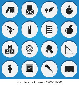Set Of 16 Editable Graduation Icons. Includes Symbols Such As Blackboard, Chronometer, Fresh Fruit And More. Can Be Used For Web, Mobile, UI And Infographic Design.