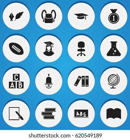 Set Of 16 Editable Graduation Icons. Includes Symbols Such As Earth Planet, Alphabet Cube, Notepaper And More. Can Be Used For Web, Mobile, UI And Infographic Design.