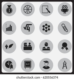 Set Of 16 Editable Graduation Icons. Includes Symbols Such As Notepaper, Staple, Blackboard And More. Can Be Used For Web, Mobile, UI And Infographic Design.