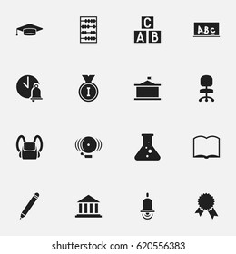 Set Of 16 Editable Graduation Icons. Includes Symbols Such As Work Seat, Book, Alarm Bell And More. Can Be Used For Web, Mobile, UI And Infographic Design.
