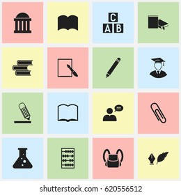 Set Of 16 Editable Graduation Icons. Includes Symbols Such As Alphabet Cube, Chemistry, Staple And More. Can Be Used For Web, Mobile, UI And Infographic Design.